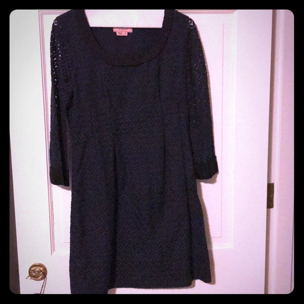 Phoebe Navy lace dress with black trim